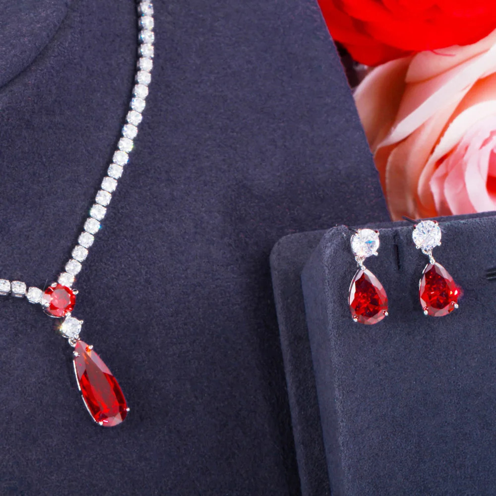 Pera Trendy Mystic Purple CZ Crystal Water Drop Pendant Necklace and Earrings Bridal Wedding Jewelry Sets for Brides Party J429 240627