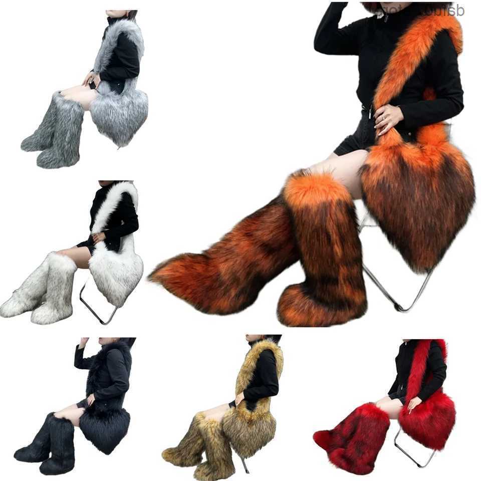 Boots Winter Women Faux Fur And Bag Set Furry Warm Snow Cute Heart-shaped Handbag Love Girls Platform Plush H240626 3H4S