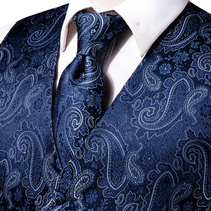Hi-Tie Navy Blue Mens Vest Formal Silk Paisley Waistcoat Jacket Tie Handkerchief Cufflinks Set For Male Dress Suit Wedding Party 240615