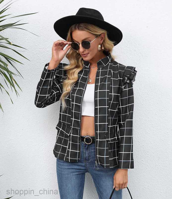 fashion Women Jackets Coats Women's autumn and winter printed zippered round neck long sleeved jacket