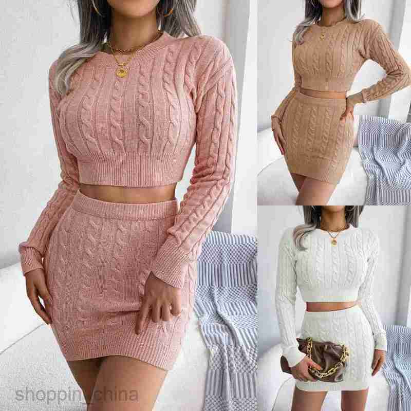 women Two Piece Dress Sets Autumn and winter casual Fried Dough Twists navel revealing sweater buttocks skirt knitting suit women's clothing