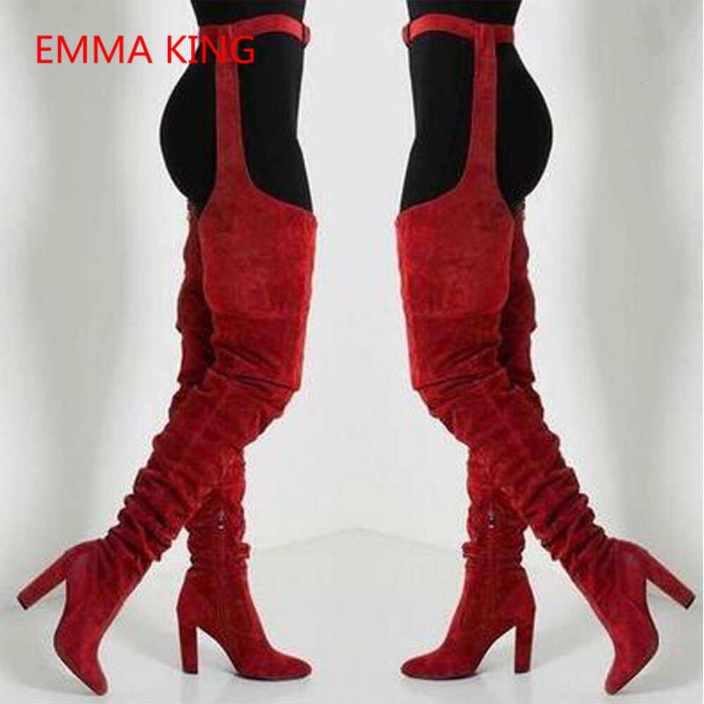 Fashion Buckle Belted Over The Knee Women Winter Autumn Chunky Heels Pants Thigh High Boots Ladies Shoes