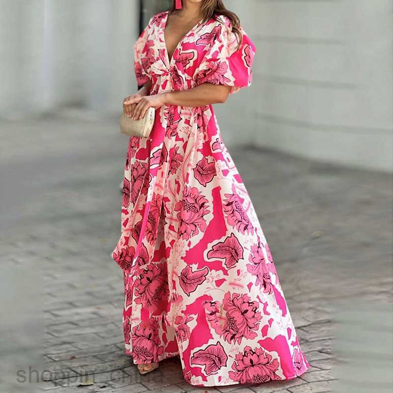 Basic Casual Dresses Women New Women's Fashion Elegant Print V-neck Lace up Short Sleeve Slim Fit Dress 661