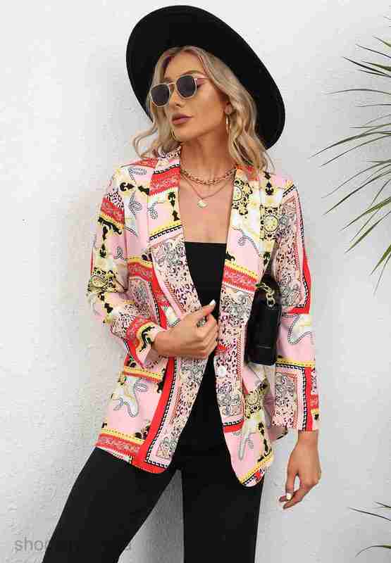fashion Women Jackets Coats Women's autumn and winter printed collar button up long sleeved jacket