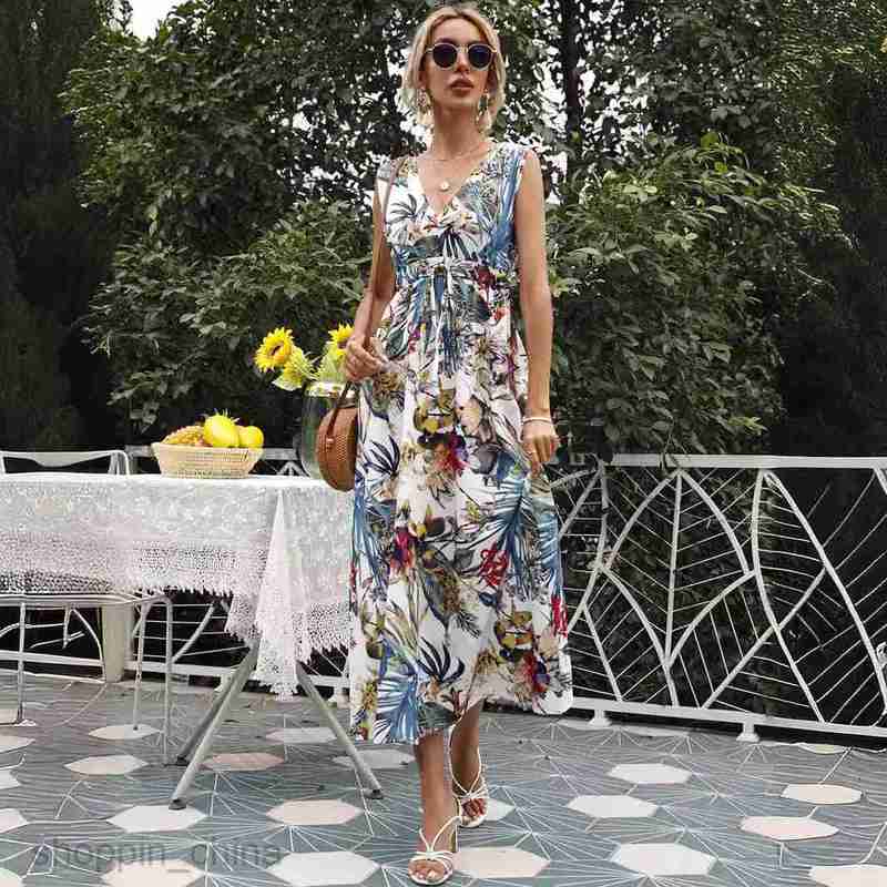 Basic Casual Dresses Women Dress Women's summer new print sexy V-neck sleeveless dress
