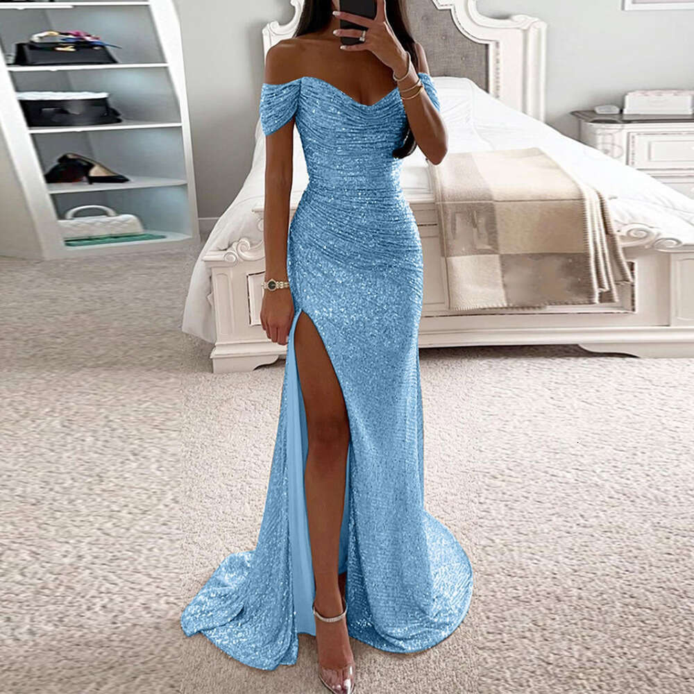 Gala prom dress with off-the-shoulder slim sexy dress sequins off-the-shoulder pleated V-neck extra-long elegant