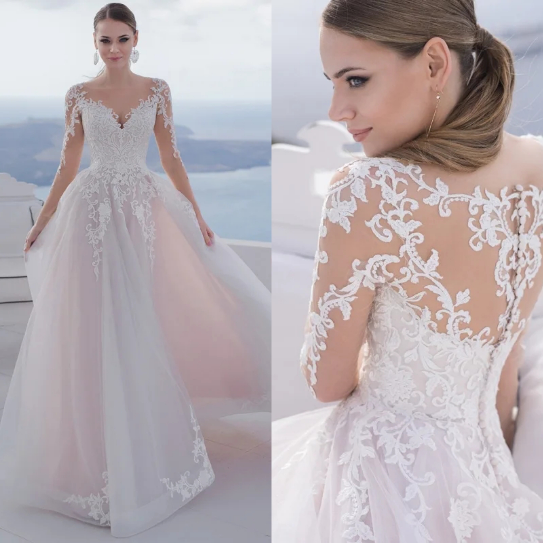 Classic A Line Women Wedding Dress Sheer Neck Long Sleeves Bridal Gown Lace Appliques Button Sweep Train Dresses Custom Made