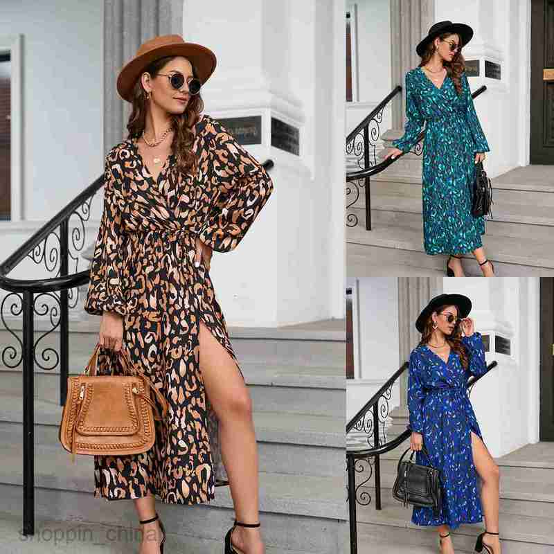 Basic Casual Dresses Women Dress Women's autumn and winter leopard pattern slit waist long sleeve dress