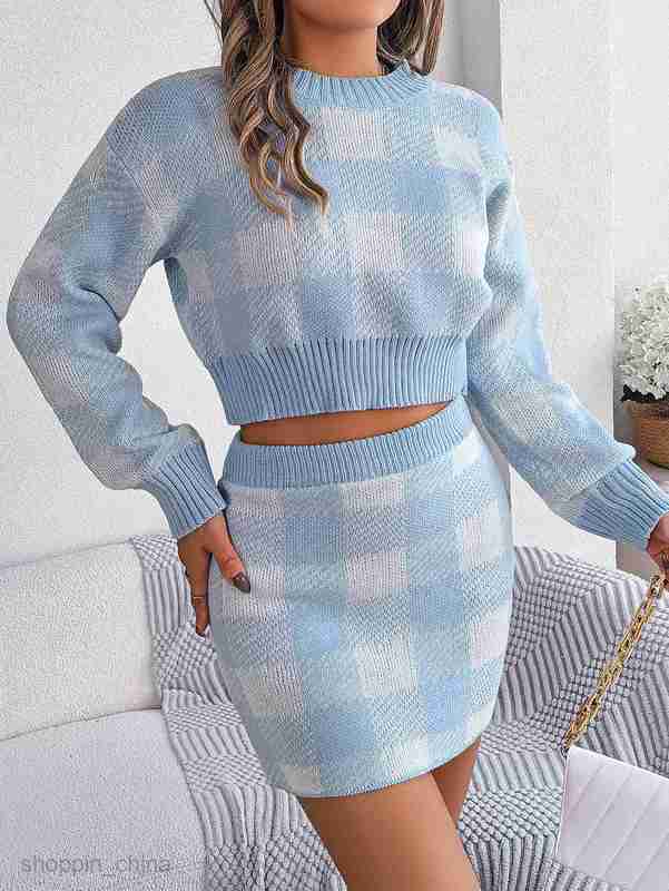 women Two Piece Dress Sets Autumn and winter casual contrasting plaid long sleeved exposed navel sweater with buttocks wrapped skirt set for women