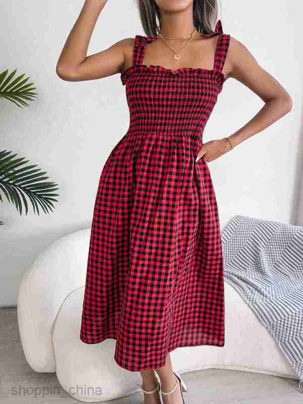 Women Casual Dresses fashion dress style spring summer casual lace up contrast Plaid medium length dress women's dress