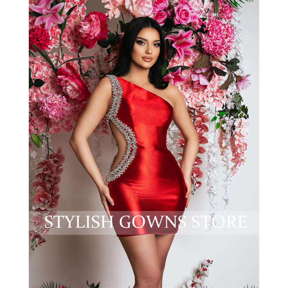Red One Shoulder Short Prom Crystal Beading Rhies Birthday Tail Dress Cut Out Senior Homecoming Party 0914