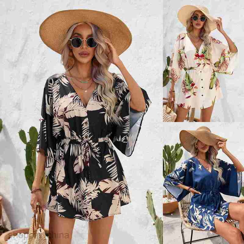 Basic Casual Dresses Women Dress Women's Summer Leaf Print 3/4 Sleeve Dress