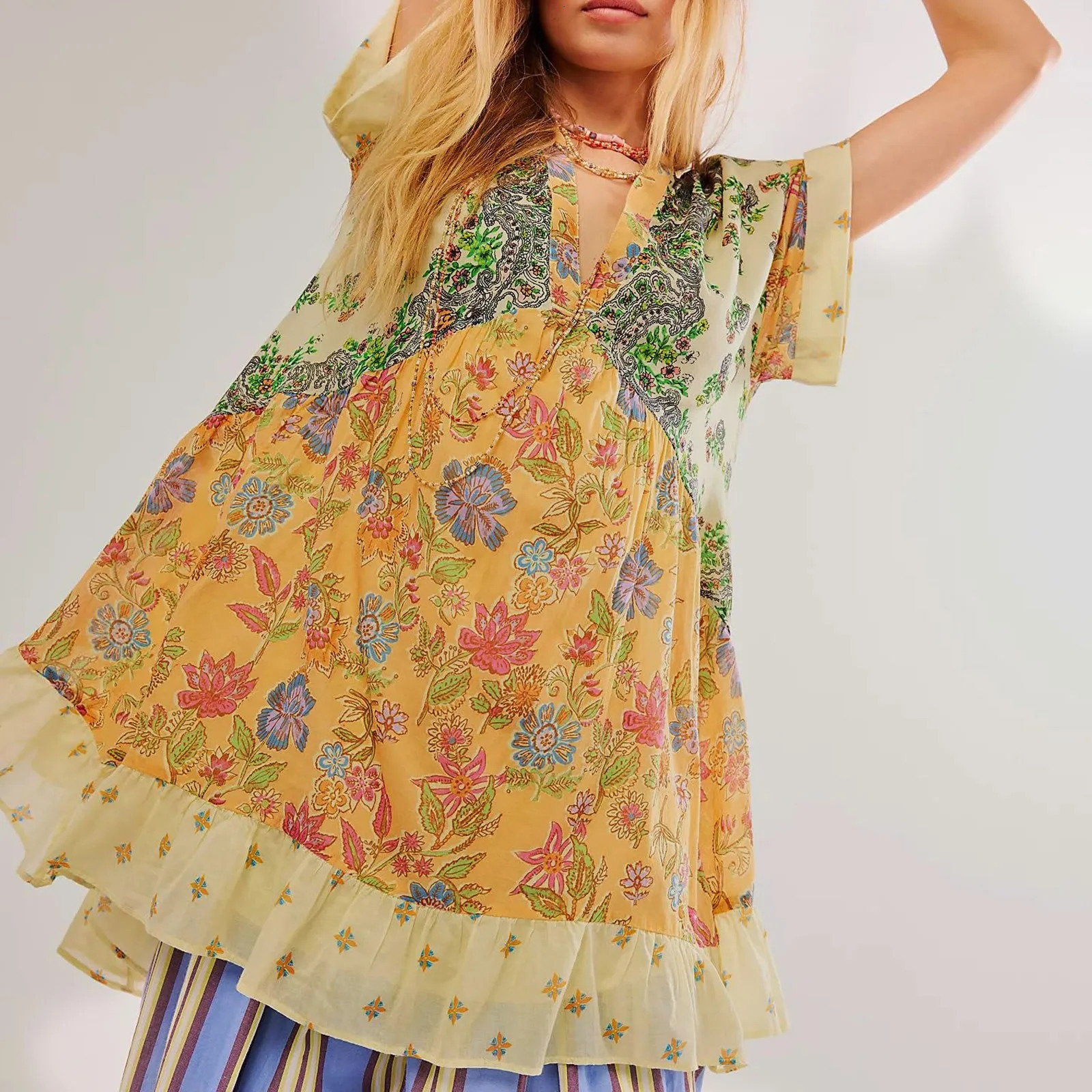 Fashion Summer Dresses Women Boho Flowy Dress Ruffle Mini Deep V Neck Casual Floral Vestidos Midi 240627