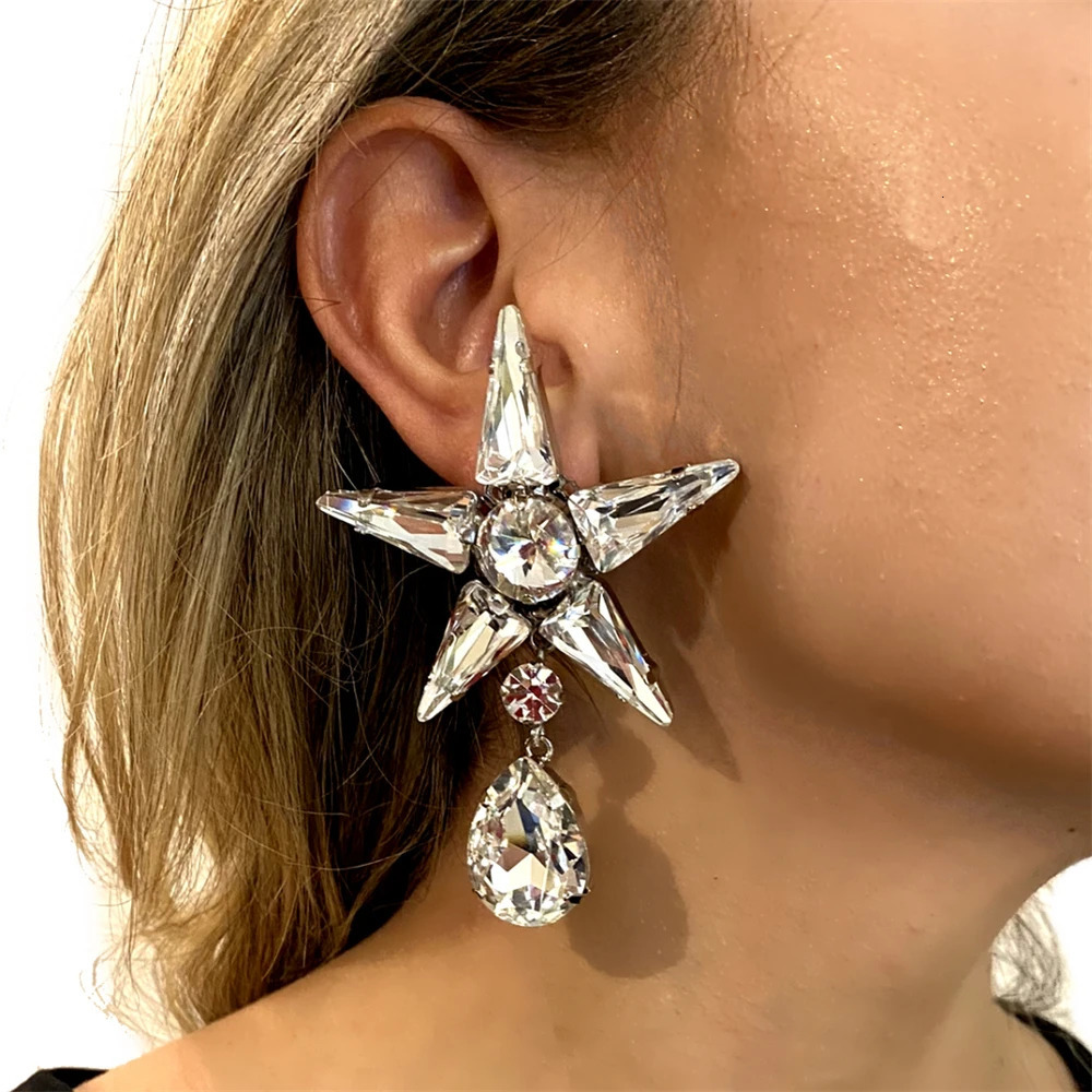 2pc Five pointed Star Crystal Necklace Earrings Pendant Fashion Wedding Party Rhinestone Bridal Accessories Set Jewelry 240627