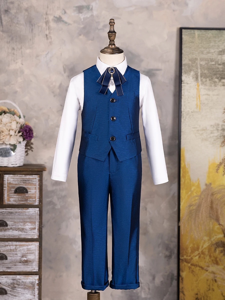 Children Shiny Blue Suit For Wedding Boys Formal Ceremony Tuxedo Dress Teenager Kids Pograph Blazer Party Performance Costume 240626