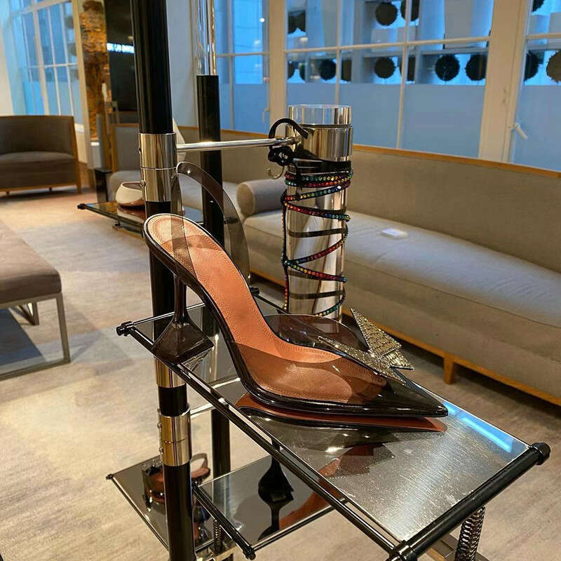2024 Crystal High Heels Women Rhinestone Bow Pointed Toe Transparent Stiletto Sandals Kq8