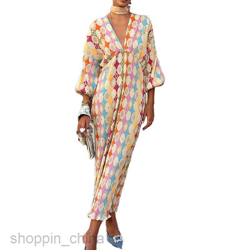 Basic Casual Dresses Women fashion Dress Summer Women's Elegant and Elegant Printed V-neck Lantern Sleeves Long Dresses for Women
