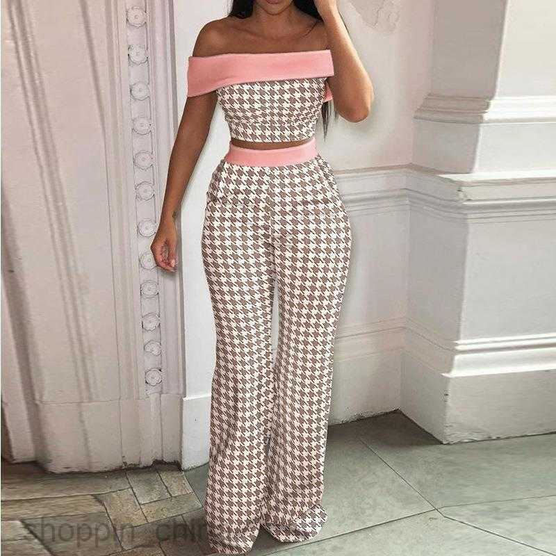 Women Two Piece Sets Pants Summer New Women's Wear Temperament Printed One Shoulder Top and Pants Loose Set 661