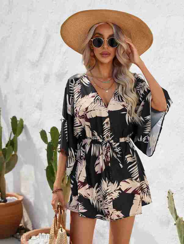 Basic Casual Dresses Women Dress Women's Summer Leaf Print 3/4 Sleeve Dress