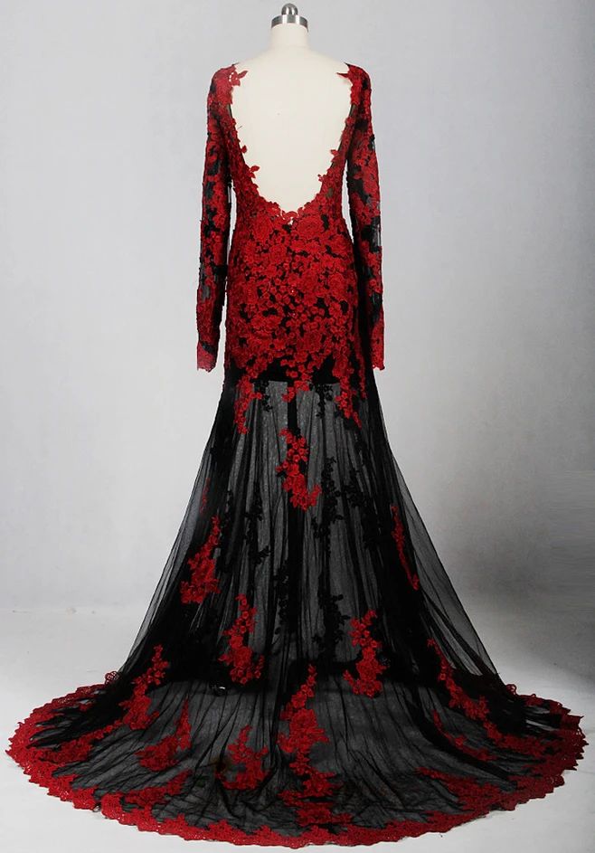 Gothic Black And Red Mermaid Wedding Dresses Lace Appliques Backless Long Sleeves Vintage Bridal Gowns Court Train Elegant Vestido De Novia