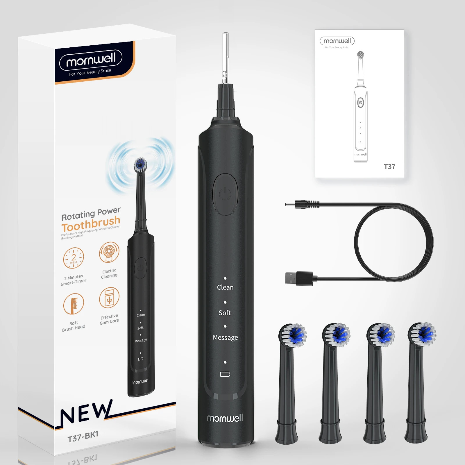 Mornwell T37 Rotation Electric Toothbrush Clean Teeth Adult Teeth Brush Electric Tooth Brush With 4 Extra Replacement Heads 240627