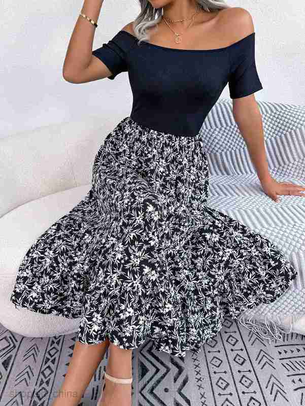 Women Casual Dresses fashion dress Spring/Summer Leisure Shoulder Flower Ruffle Edge Mid length Dress for Women