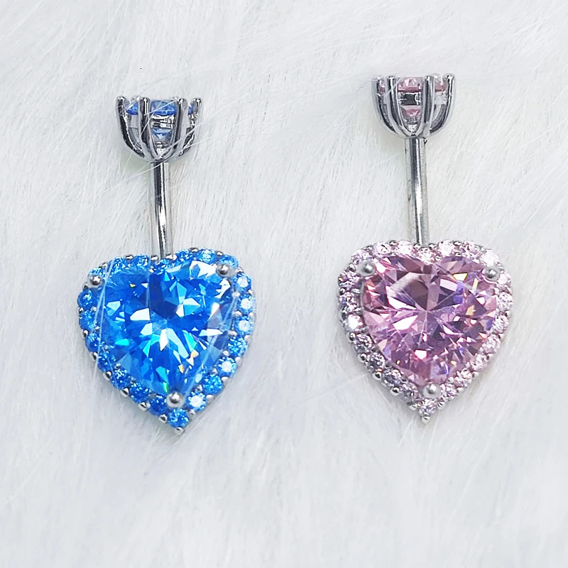 925 Sterling Silver Heart Belly Button Rings for Women Blue Pink CZ Navel Barbell Studs Screw Navel Bars Body Piercing Jewelry 240626