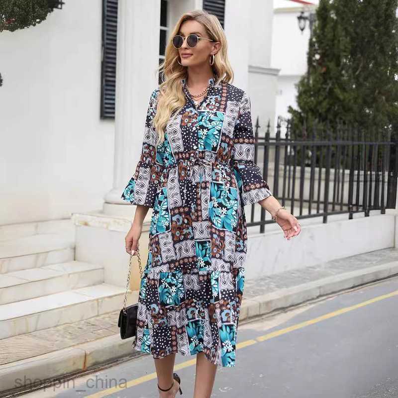 Basic Casual Dresses Women Dress Women's autumn and winter print lace up medium length long-sleeved dress
