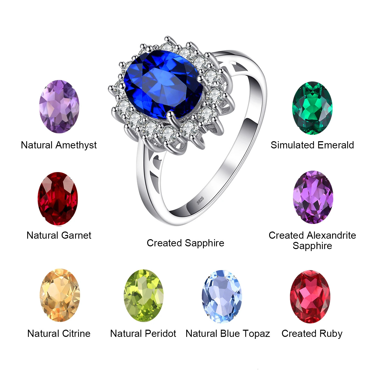 JewelryPalace Diana Created Sapphire 925 Sterling Silver Halo Gemstone Ring Natural Amethyst Citrine Garnet Peridot Blue Topaz 240626