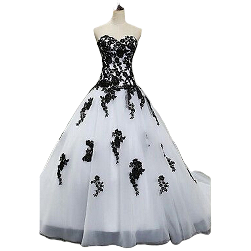 Black And White Gothic Wedding Dresses Lace Appliques Sweetheart Neck Sleeveless Elegant Bridal Gowns Court Train Plus Size Vestido De Novia