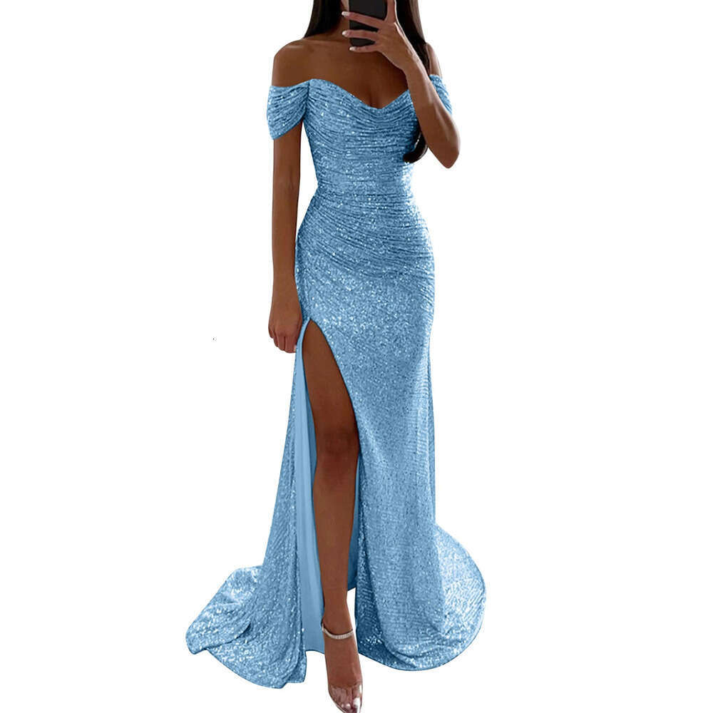 Gala prom dress with off-the-shoulder slim sexy dress sequins off-the-shoulder pleated V-neck extra-long elegant