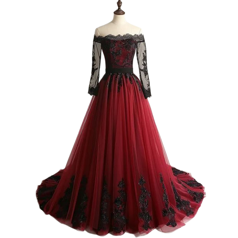 Gothic Wedding Dresses Black And Burgundy A-Line Long Sleeves Bridal Gowns Lace Appliques Back Lace-Up Corset Plus Size Vestido De Novia Off-Shoulder