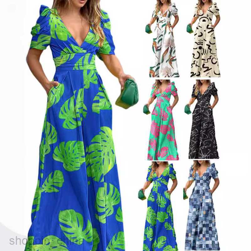Basic Casual Dresses Women Dress Women's printed V-neck waistband long pants short sleeved jumpsuit