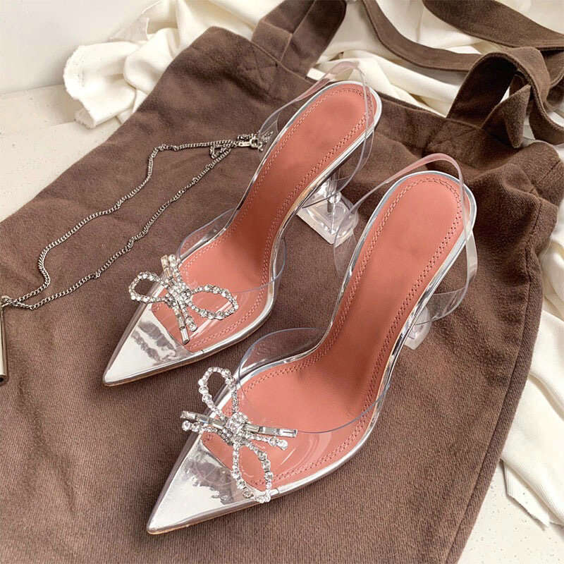2024 Style Bowknot Pointed Sandals Female Fairy Wind Net Red Crystal Transparent Rhinestone Stiletto High Heels Kq8