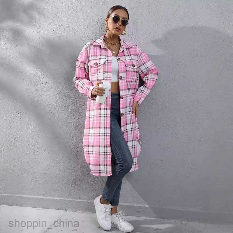 fashion Women Jackets Coats Women's autumn and winter checkered single breasted long windbreaker jacket