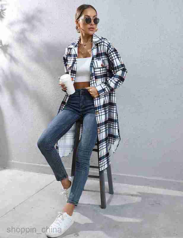 fashion Women Jackets Coats Women's autumn and winter checkered single breasted long windbreaker jacket