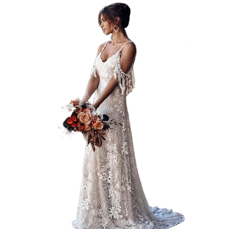 Spaghetti Lace Country Wedding Dresses Sleeveless Backless Long Beach Bridal Gowns Tassel Drop Sleeve Chic Boho Bride Wear