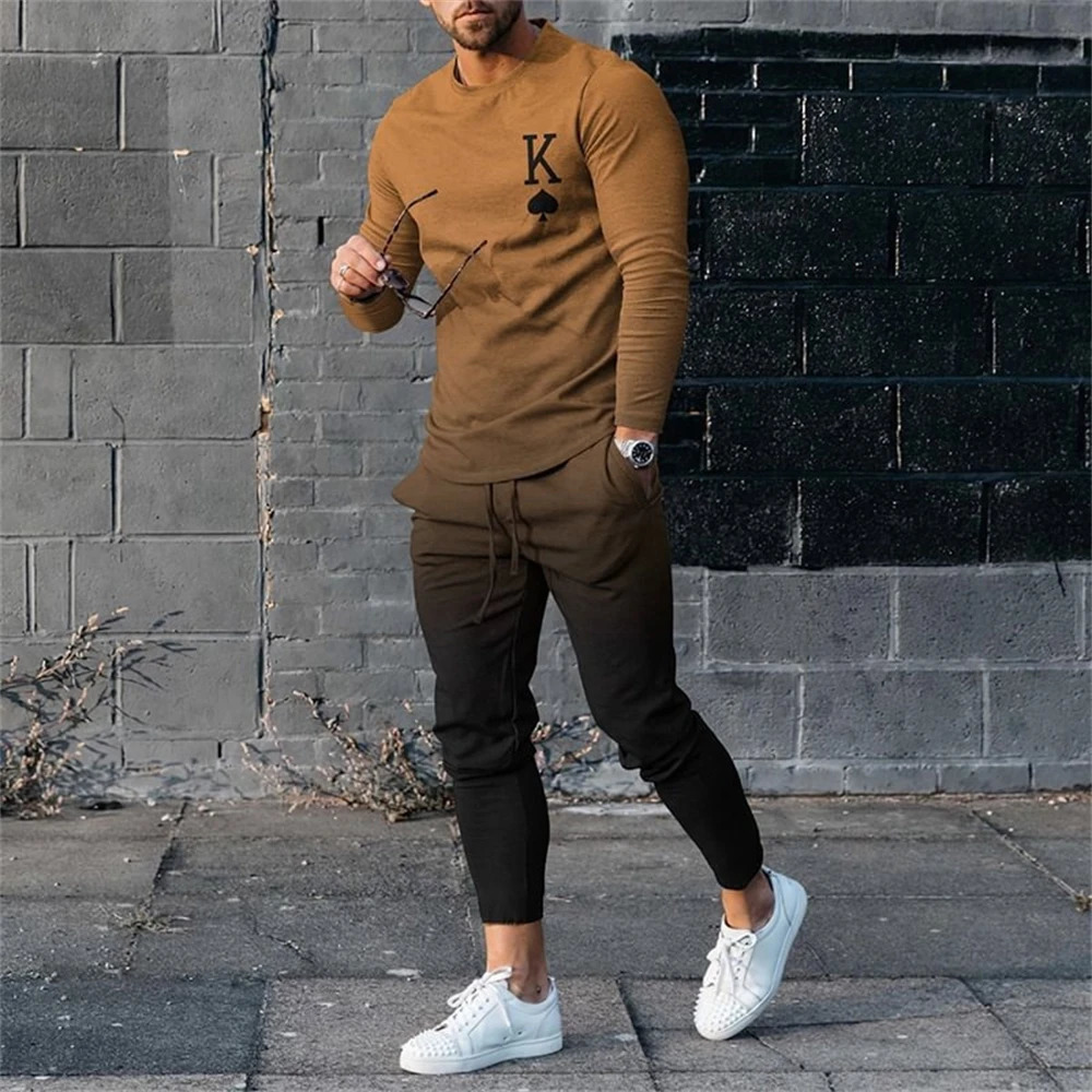 Mens Sweatshirt Sweatpants 2 Piece Sets T Shirt Pants Tracksuits O Neck Print Trousers Sportswear Suits Fashion Men Clothing 240614