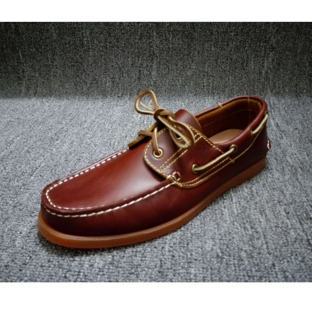 Leather Fashion loafers Genuine Mens Retro Low-top British Work Casual Breathable Boat Shoes Driving Wine red Handmade