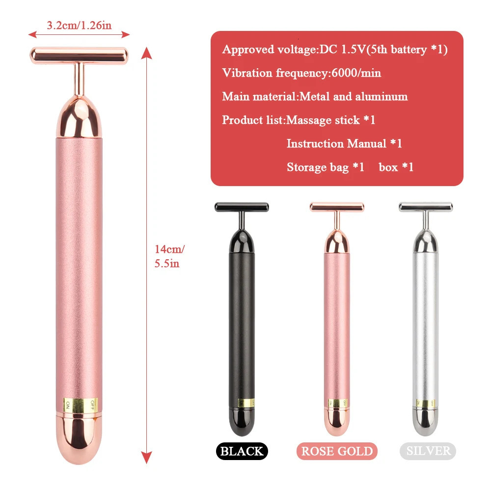 24k Gold Face Lift Bar Roller Vibration Slimming Massager Stick Beauty Skin Care T Shaped Vibrating Tool 240626