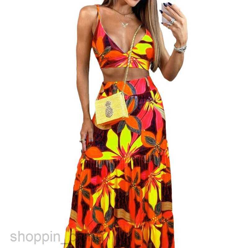 Basic Casual Dresses Women fashion Dress New Women's Summer Printed V-Neck Sling with Elegant Swing Long Dress Set 661