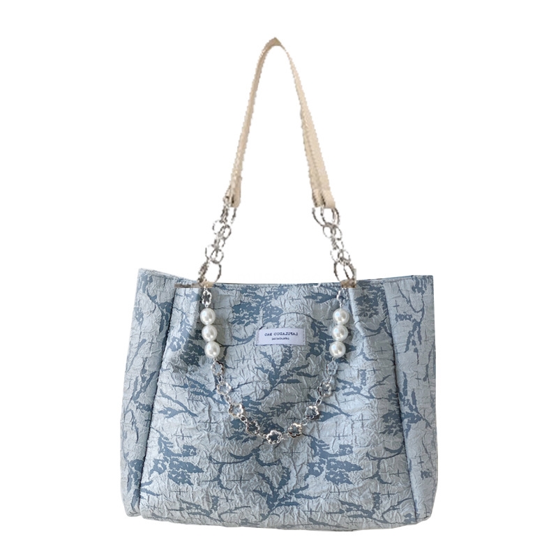 Street trend niche design soft leather sea salt blue jacquard canvas tote bag new western-style large capacity niche one shoulder bag for women