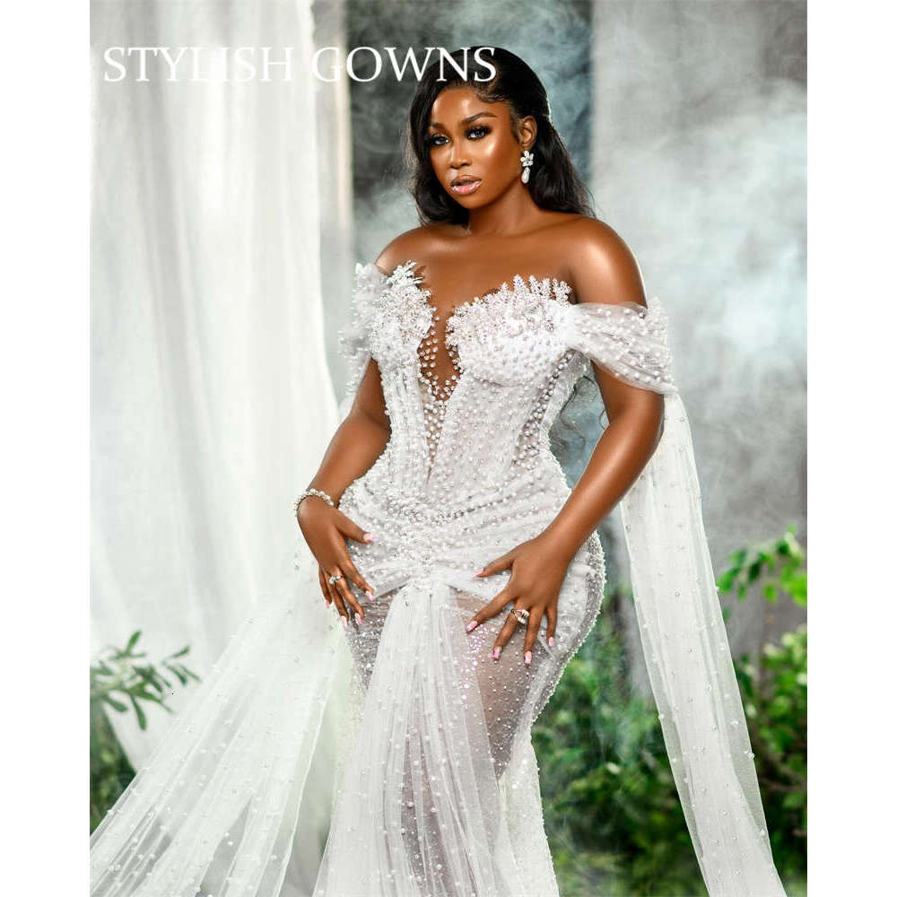 White African Off The Shoulder Wedding Dresses For Women Full Pearls Bride Evening Dress Appliques Mermaid Formal mal