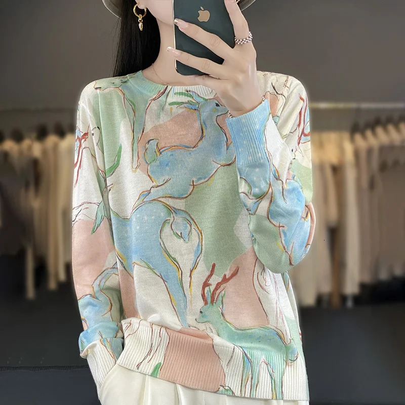 Spring and Autumn Womens Round Neck Thin Sweater Fashion Tshirt Top Worsted Wool Printed Long Sleeve Knitted Bottom Shirt 240626