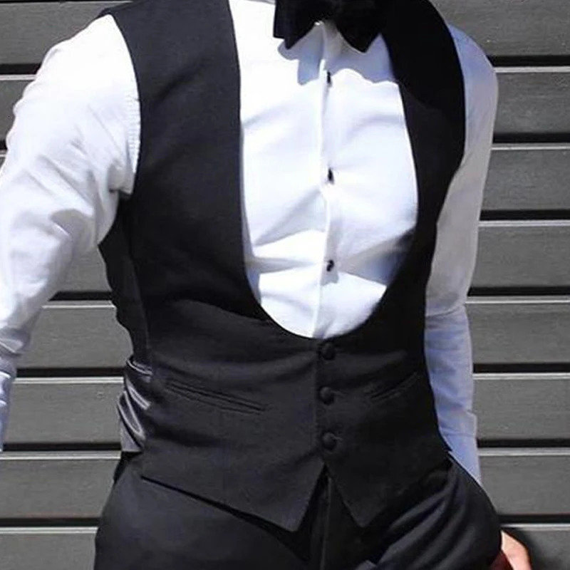 Black Men Vest for Wedding Groom One Piece Slim Fit Suit Waistcoat Solid Color Male Fashion Coat 240615