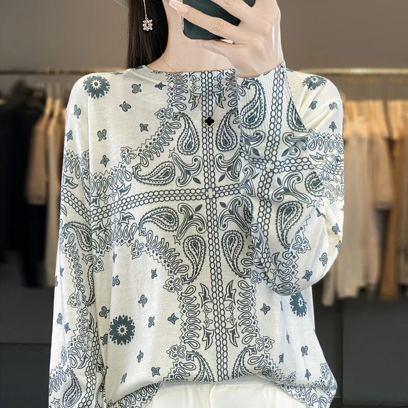 Spring and Autumn Womens Round Neck Thin Sweater Fashion Tshirt Top Worsted Wool Printed Long Sleeve Knitted Bottom Shirt 240626