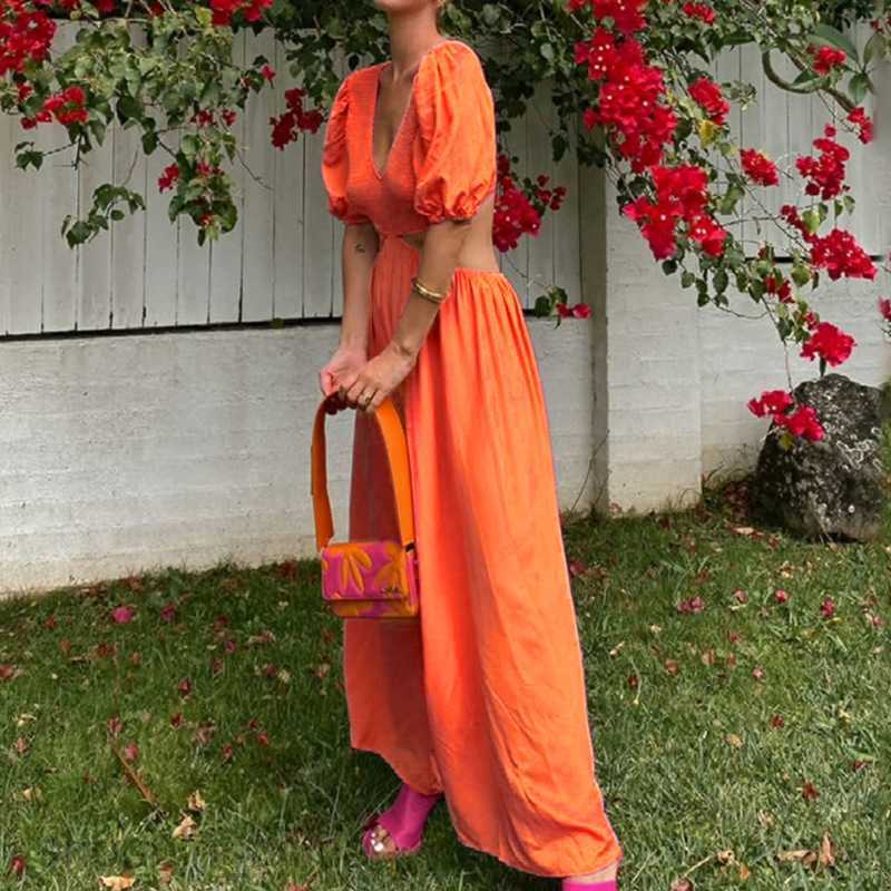 Basic Casual Dresses Women Women's Summer New Fresh Solid Color Bubble Sleeves Large hem Dress 661