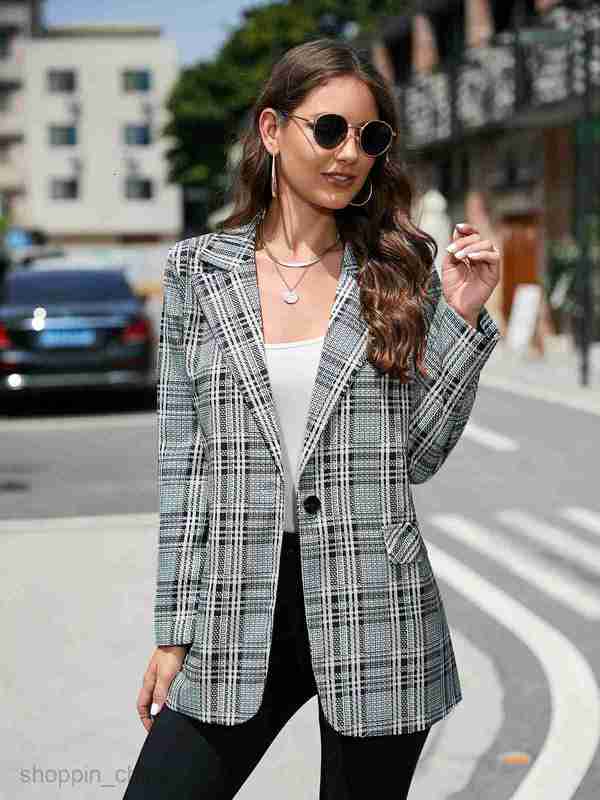 fashion Women Jackets Coats Women's autumn and winter plaid lapel medium long suit coat