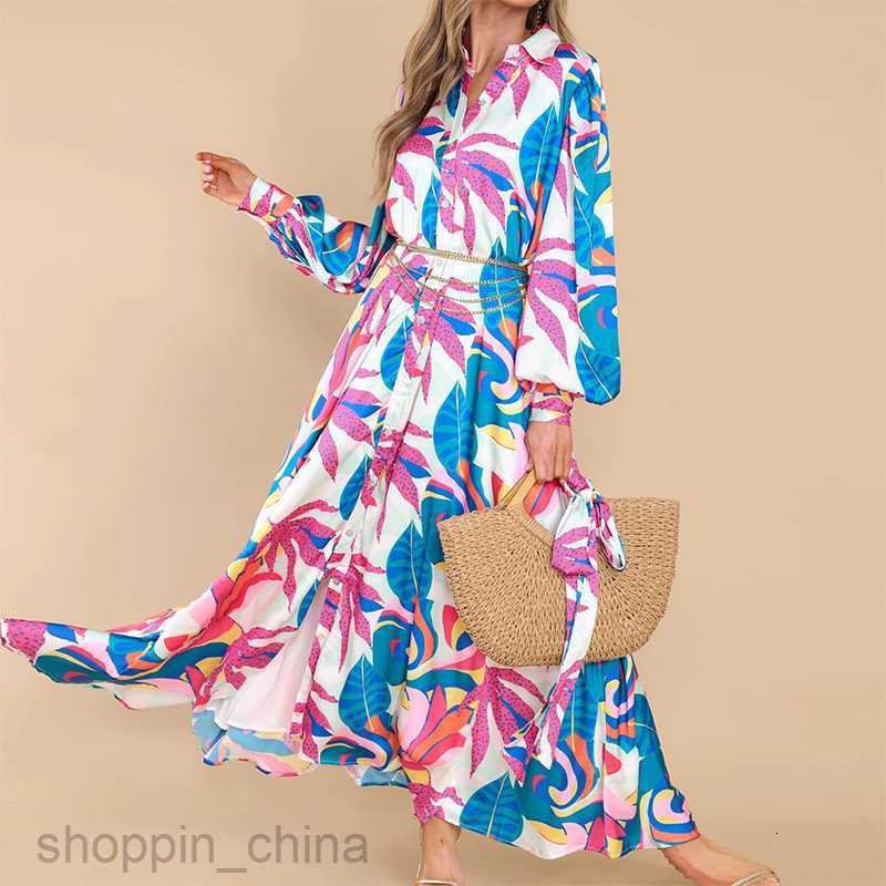 Basic Casual Dresses Women Women's Summer New Loose Long Dress Polo Neck Long Sleeve Lace up Dress 661