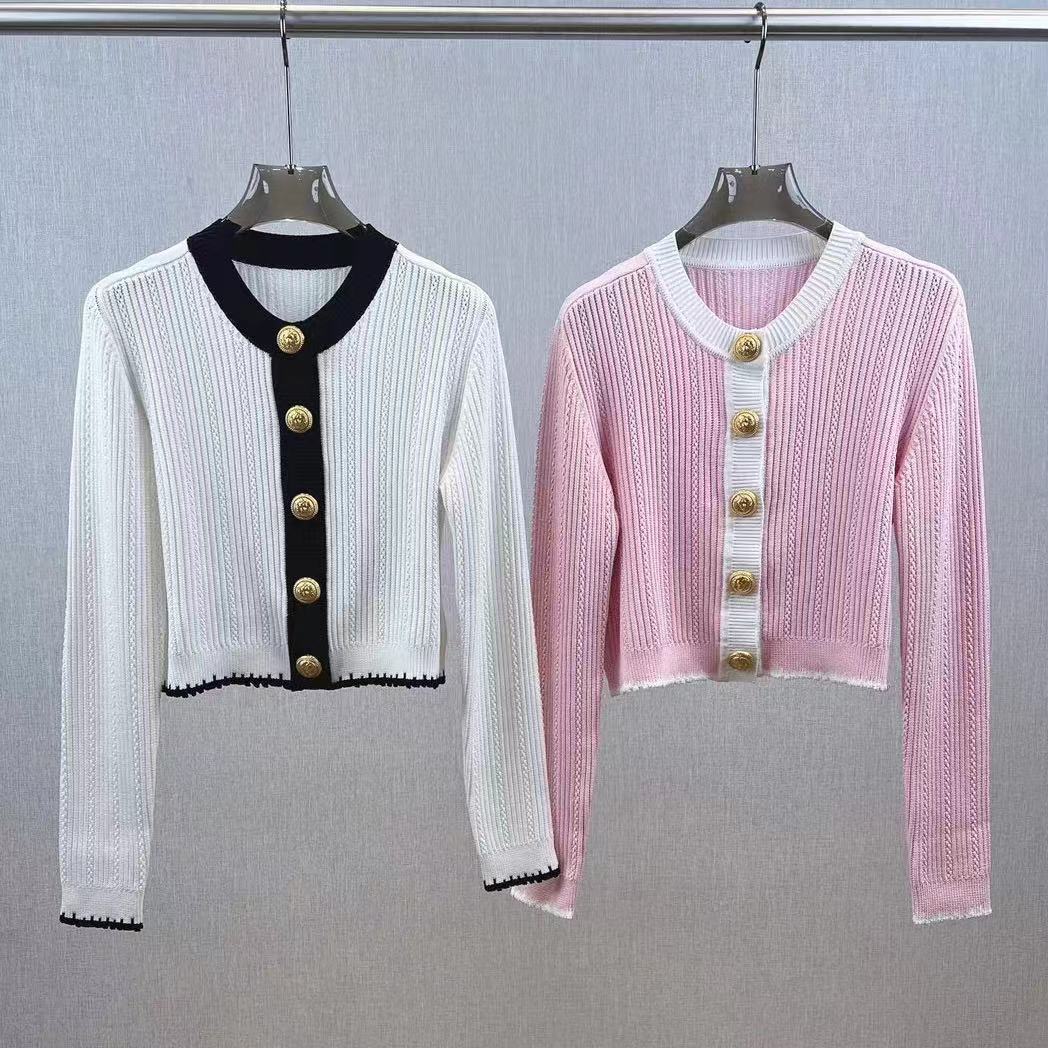 Bajia 2024 spring and autumn new style casual pink color matching knitted cardigan womens niche fashion slim round neck top jacket
